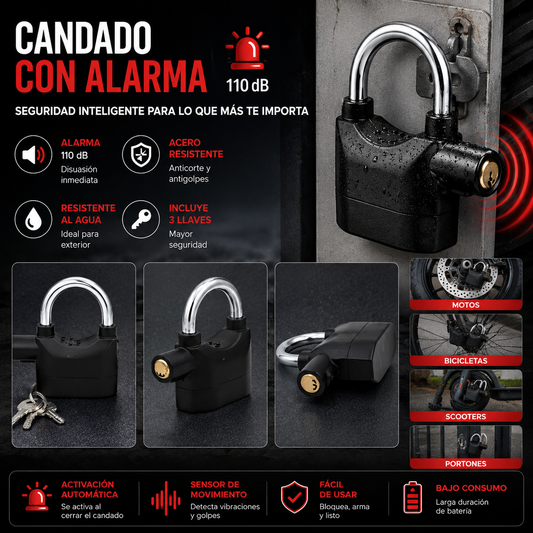 Candado con Alarma 110 dB, Acero Inoxidable, Moto, Bicicleta, Scooters