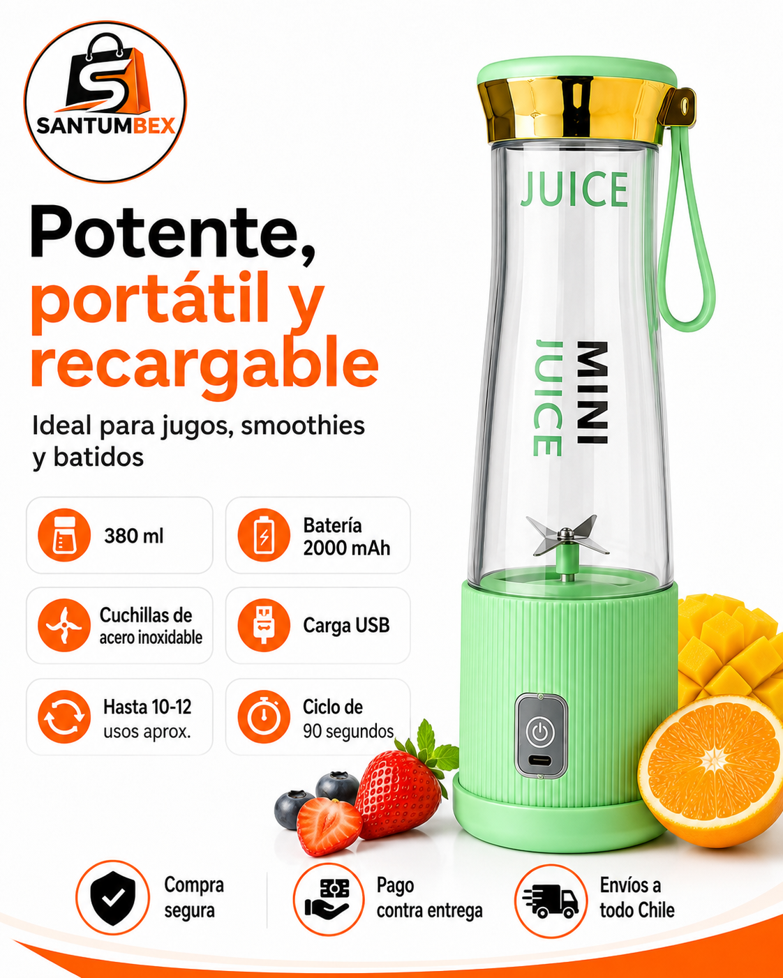 Licuadora Portátil Recargable 380ML – Smoothies y Jugos en Segundos