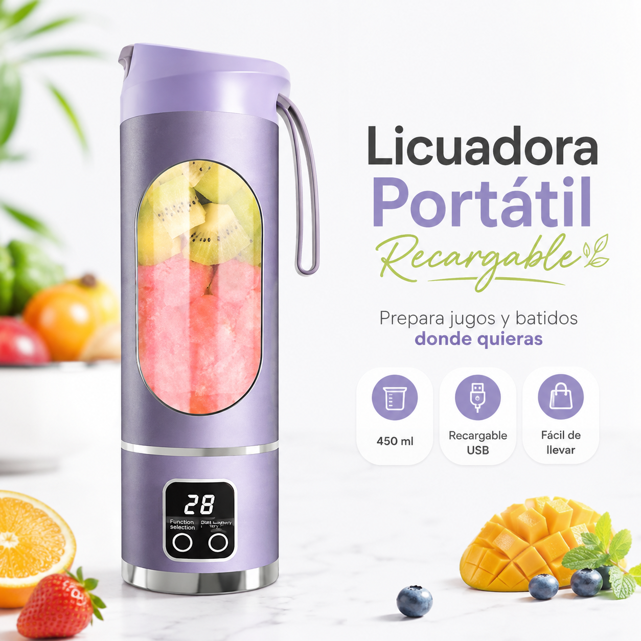 Licuadora Portátil Digital Recargable 450 ml HS-860