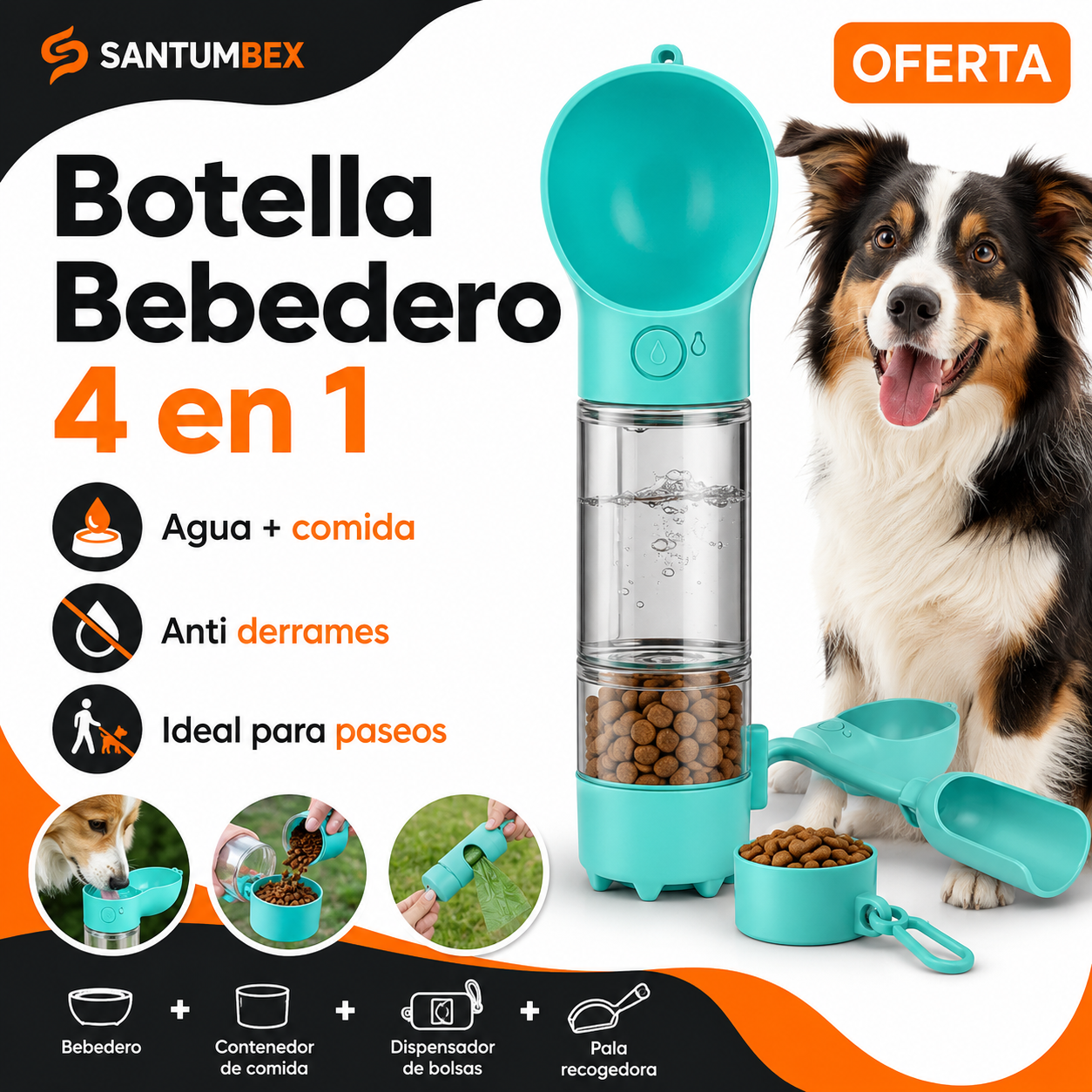 Botella Bebedero 4 en 1 para Mascotas