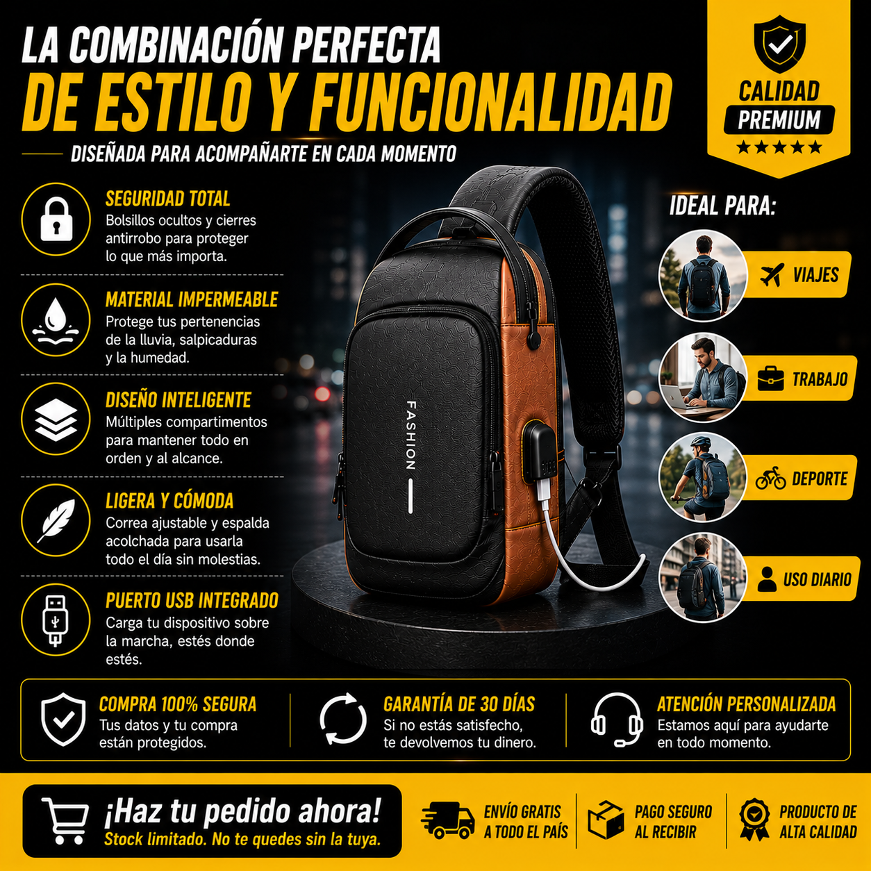 BOLSO ANTIRROBO CON CARGA USB+BLOQUEO