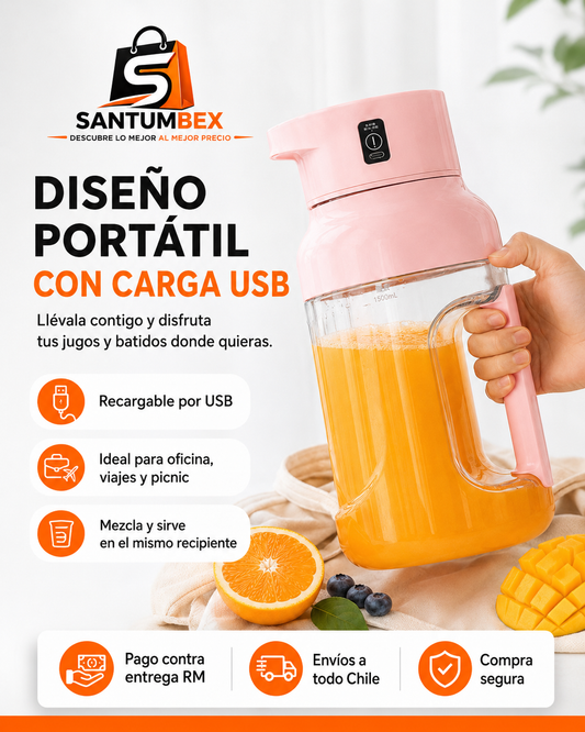 Licuadora Portátil Recargable XL 1.5L con Asa – Jugos y Smoothies