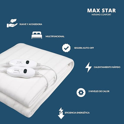 Max Star Calienta Camas Electrico Doble 160 x 140cm 3 Niveles de Calor 60W Proteccion sobre-Calentamiento Apto para Lavadoras Cubre Colchon Manta Electrica Grande