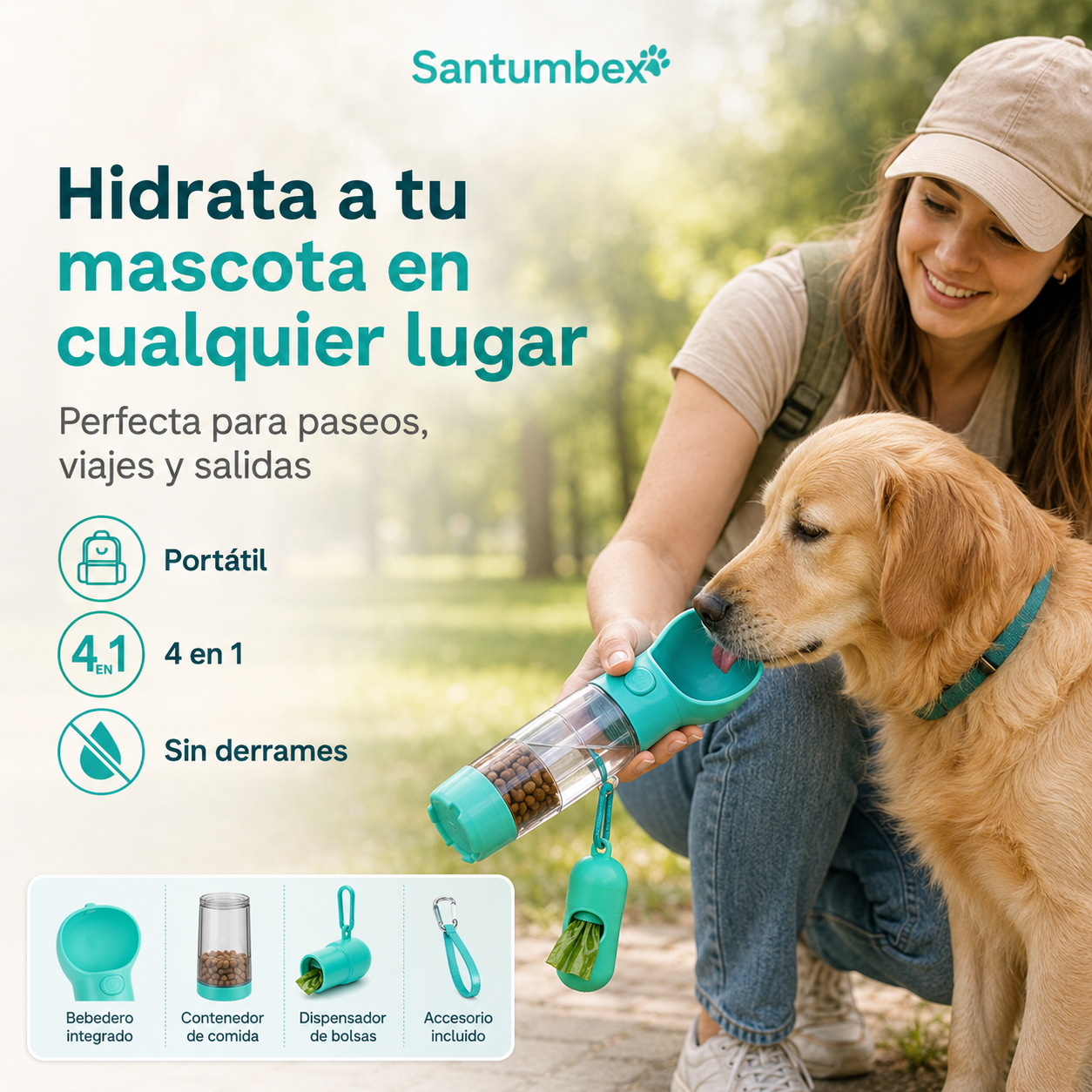 Botella Bebedero 4 en 1 para Mascotas