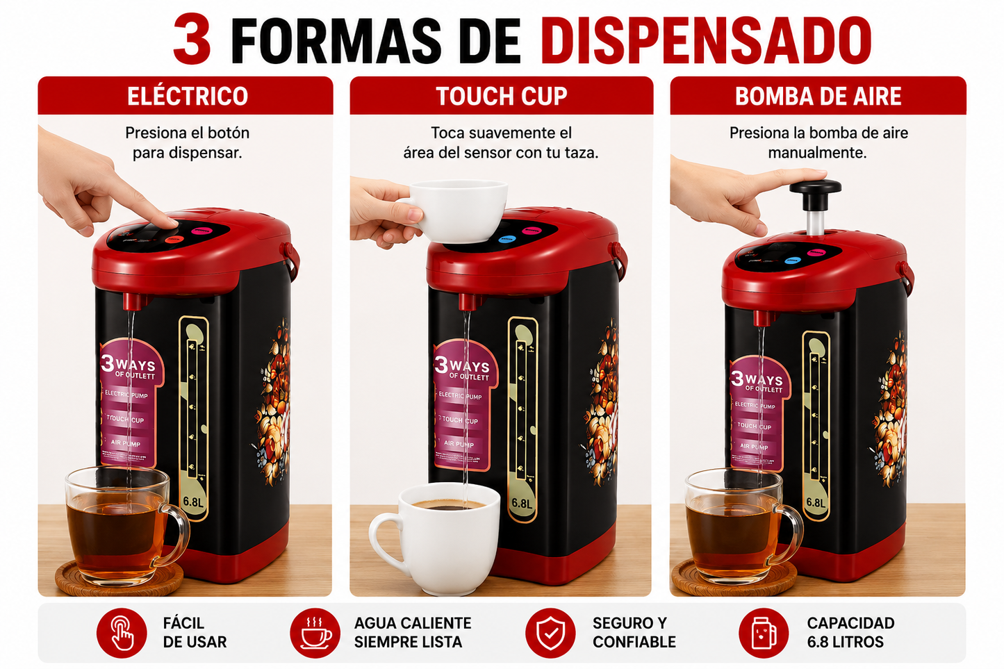 Termo Hervidor Eléctrico 6.8L Dispensador de Agua Caliente 750W