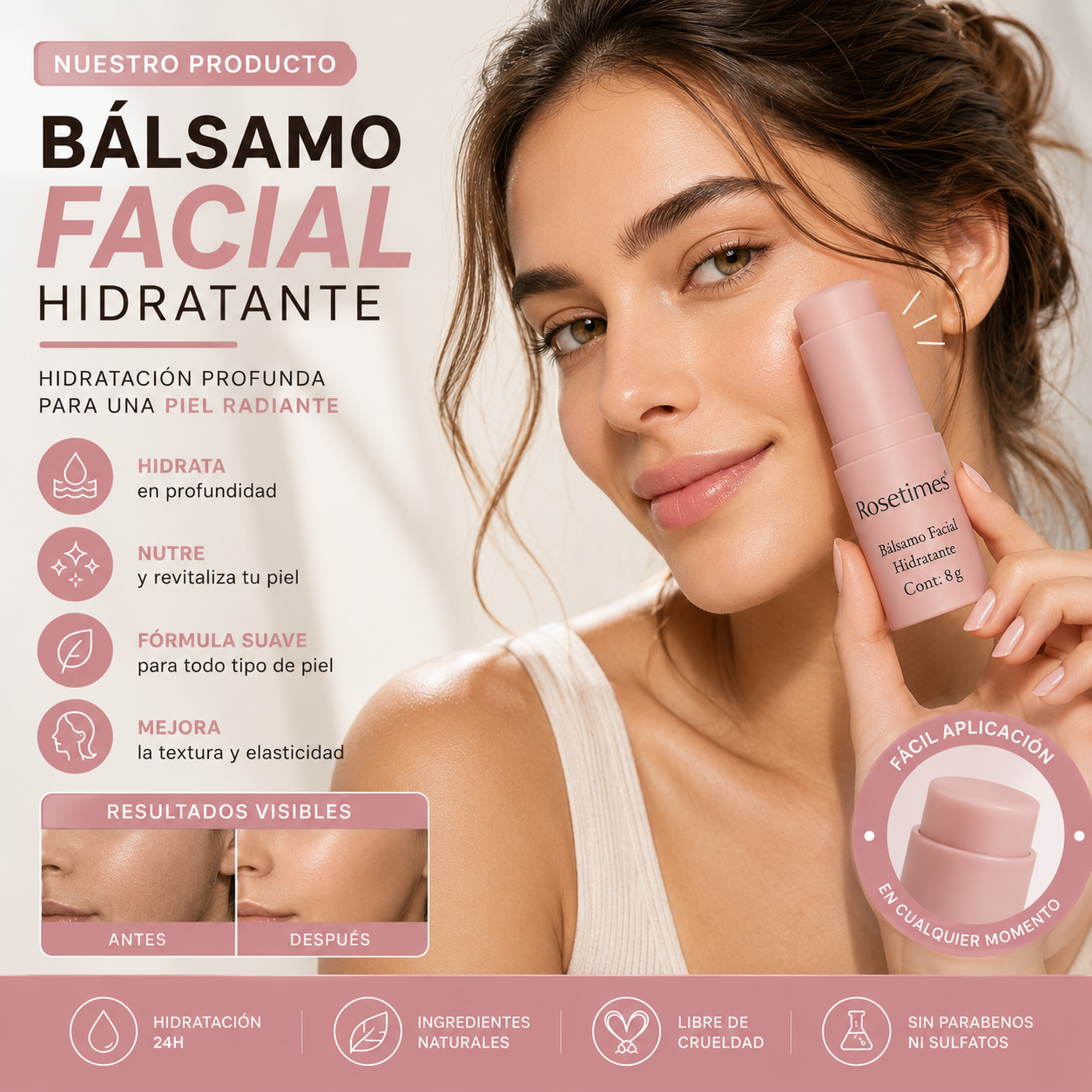 Bálsamo Facial Hidratante Antiarrugas Rosetimes®-Hidratación profunda, firmeza visible y piel rejuvenecida