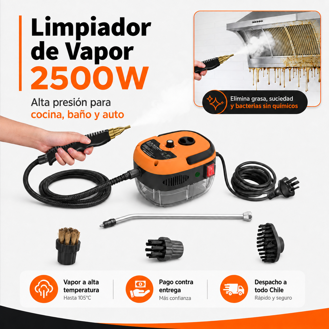 Limpiador de Vapor 2500W Alta Presión