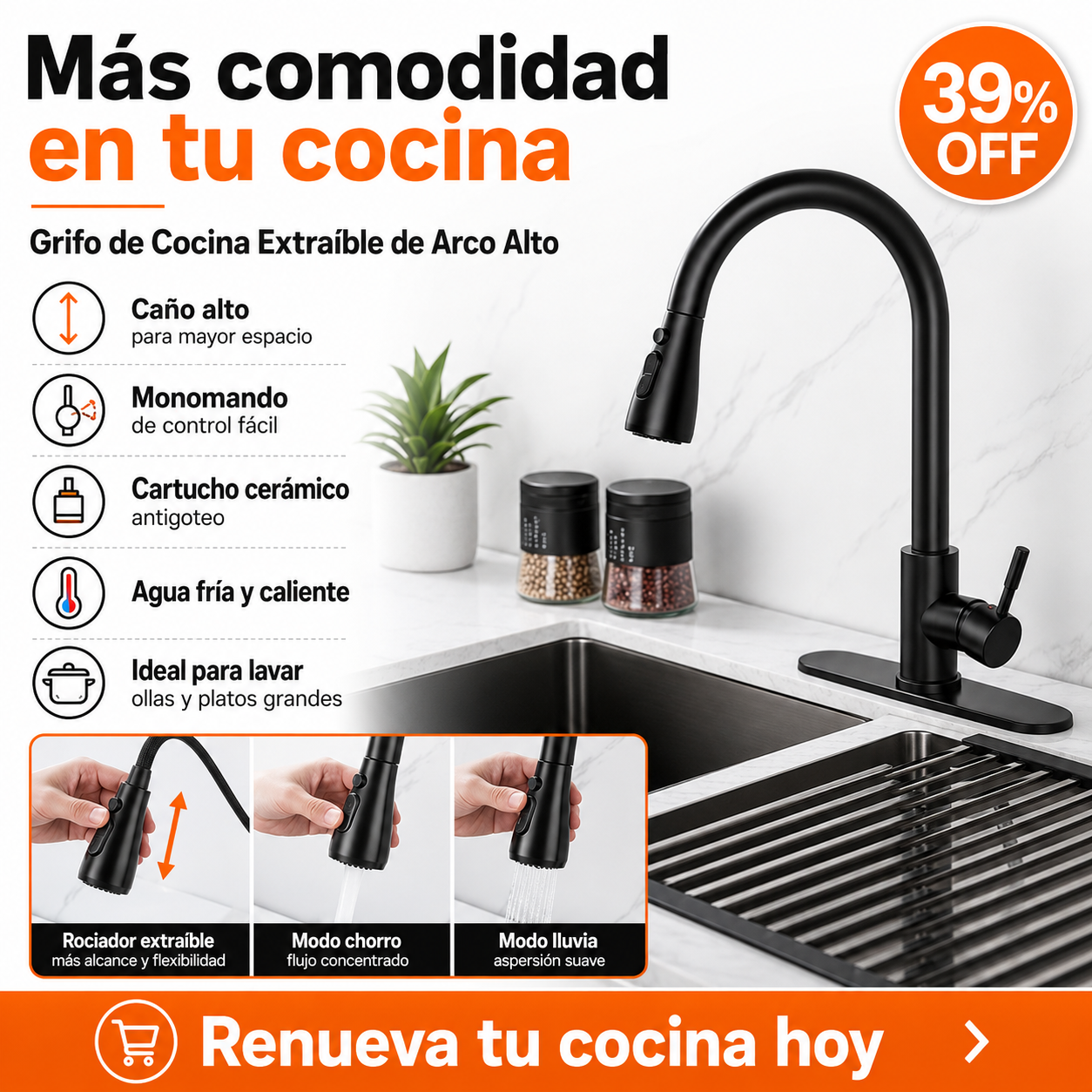 Grifo de Cocina Extraíble Premium – Arco Alto y Agua Fría/Caliente