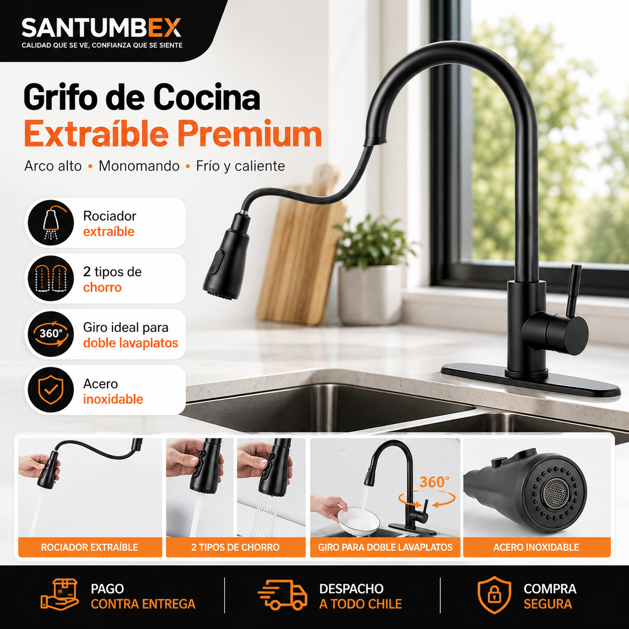 Grifo de Cocina Extraíble Premium – Arco Alto y Agua Fría/Caliente