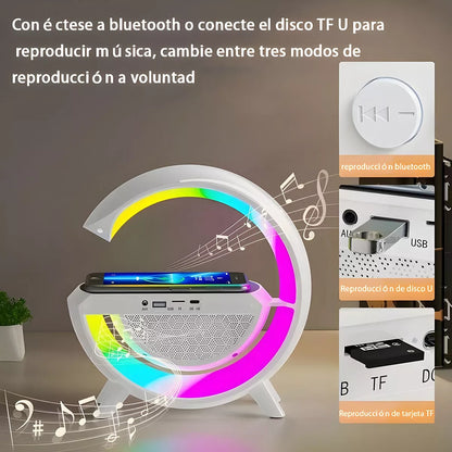 Lámpara De Luz Nocturna Cargador Inalámbrico 4 En 1 | Altavoz Bluetooth Despertador Carga Rápida De 15W