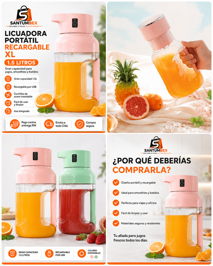Licuadora Portátil Recargable XL 1.5L con Asa – Jugos y Smoothies