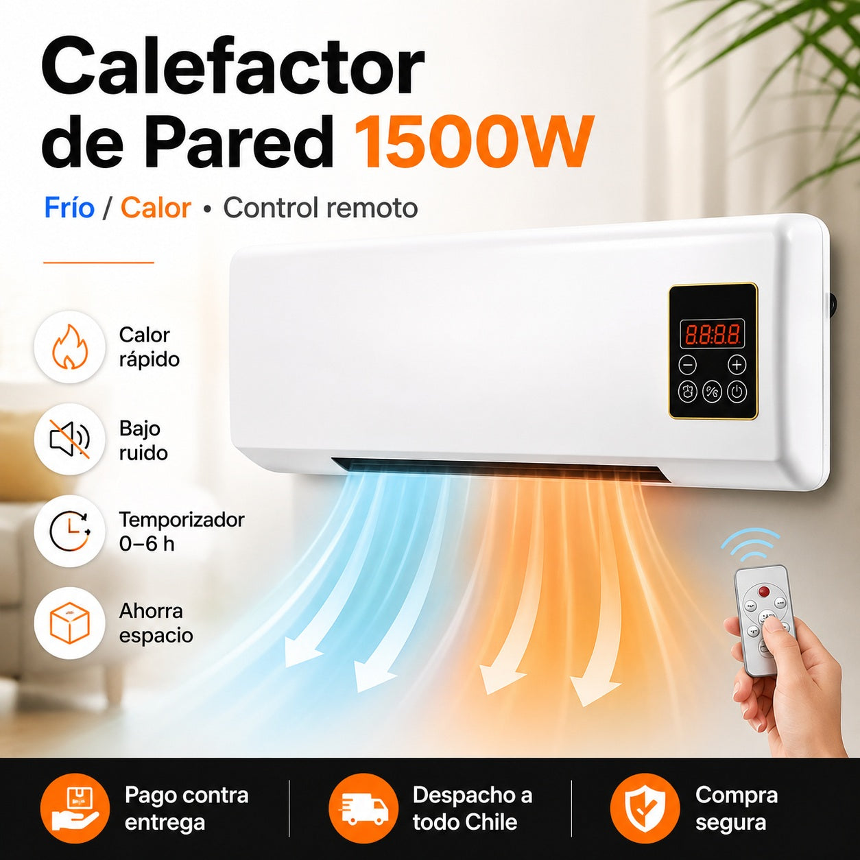 Calefactor de Pared 1500W Frío/Calor – Control Remoto