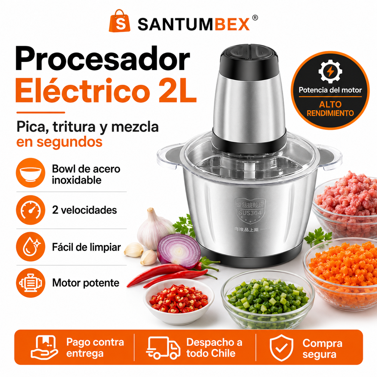 Procesador Eléctrico 2L para Picar Carne, Ajo, Cebolla y Verduras