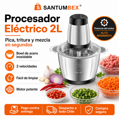 Procesador Eléctrico 2L para Picar Carne, Ajo, Cebolla y Verduras