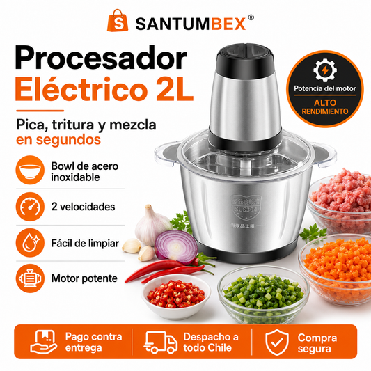 Procesador Eléctrico 2L para Picar Carne, Ajo, Cebolla y Verduras