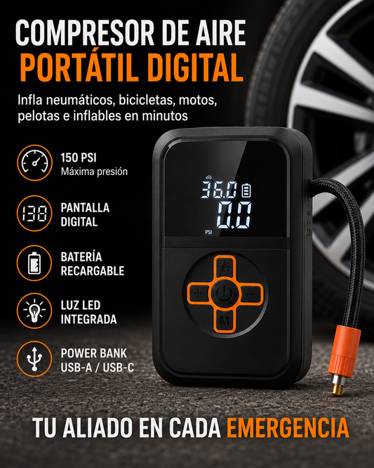 Compresor de Aire Portátil Digital 150 PSI Recargable