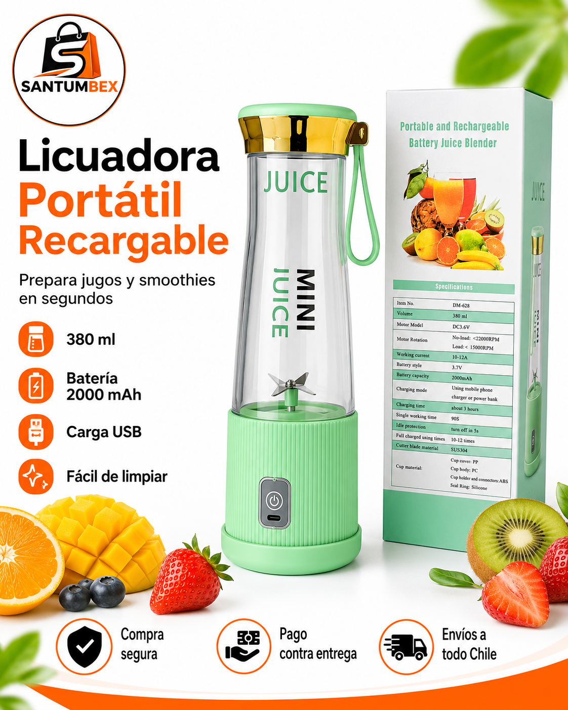 Licuadora Portátil Recargable 380ML – Smoothies y Jugos en Segundos